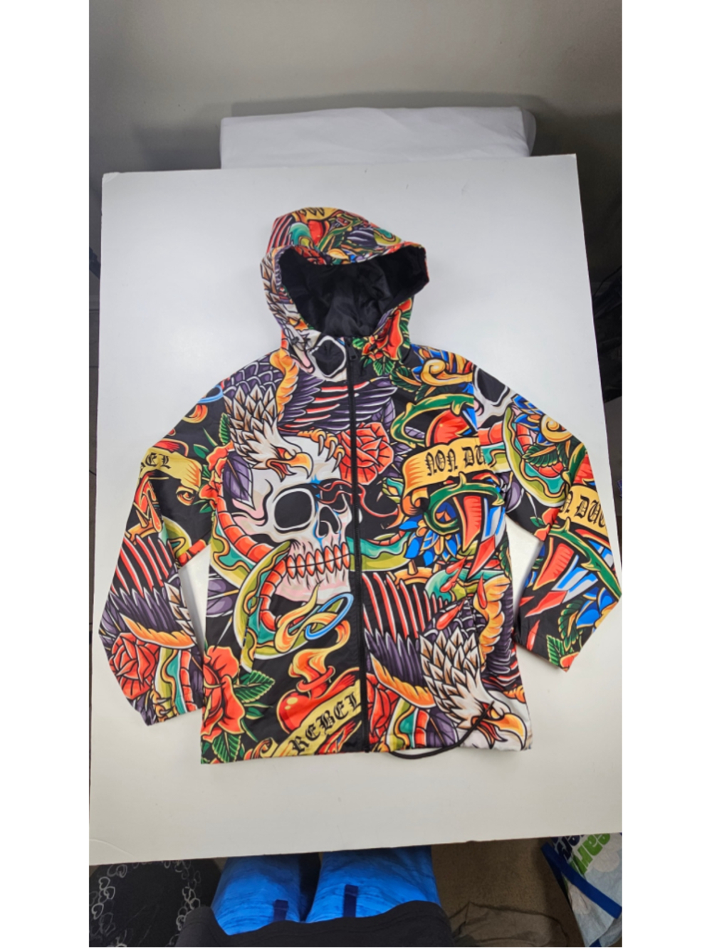 Rebel Spirit Mens M Tattoo Skull Eagle Hooded Jacket Y2K Biker Goth Full Zip